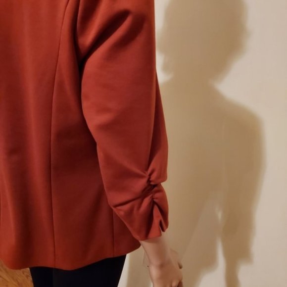 JULES & LEOPOLD RUST OPEN FRONT BLAZER RUCHED SLEEVES FAKE POCKETS SIZE M NWT - Picture 3 of 8